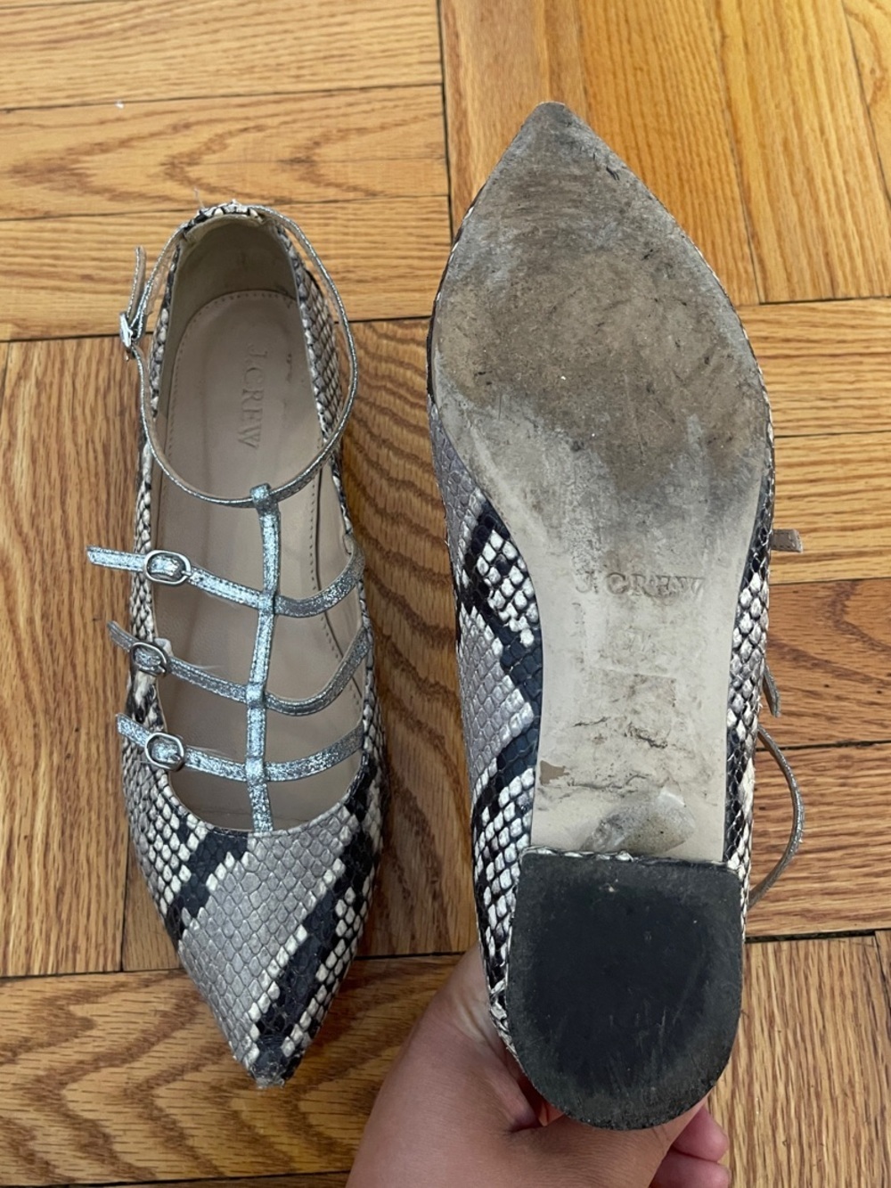 J. Crew Silver Snakeskin-Print Caged Pointed Flats - Picture 9 of 9